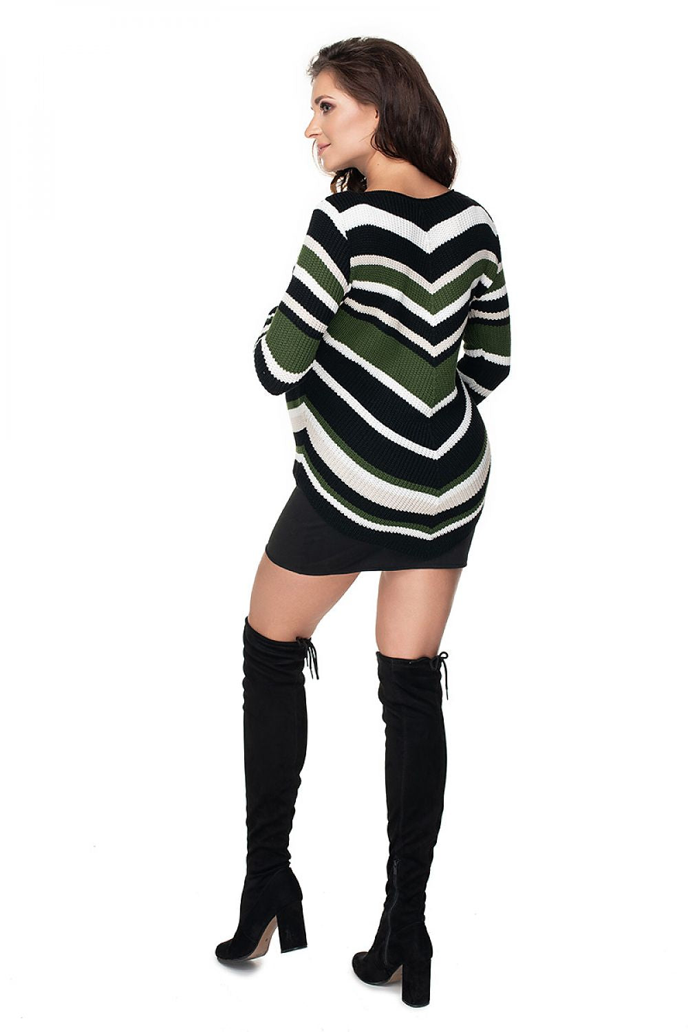 Model wearing striped maternity pullover with long sleeves and boat neckline, styled with thigh-high boots. Acrylic, 72cm length, 100cm bust.