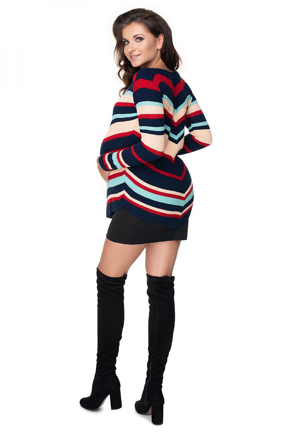 Colorful striped maternity sweater with long sleeves, model 135979 by PeeKaBoo, featuring a boat neckline and acrylic material.