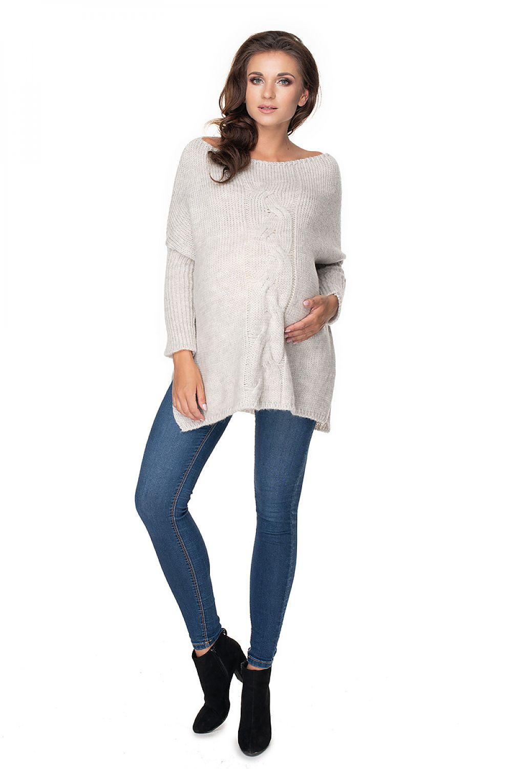 Stylish maternity sweater model 135981 PeeKaBoo with a side slit, loose fit, and long sleeves, perfect for comfort and style.