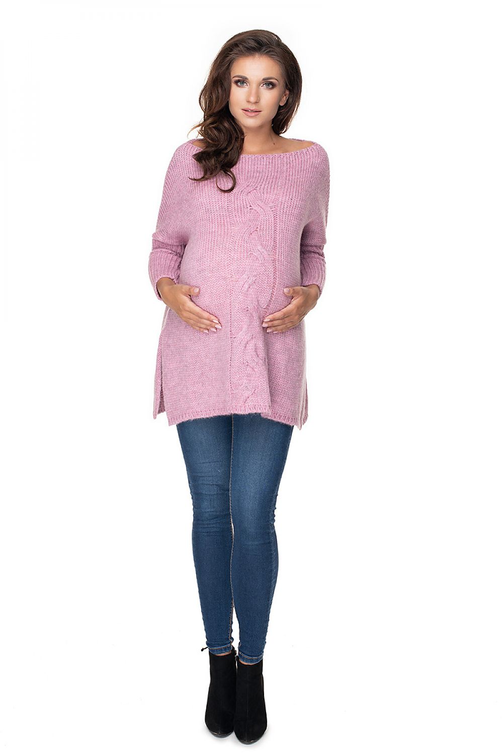 Pink maternity sweater model 135981 by PeeKaBoo with side slits, featuring loose fit and long sleeves, perfect for comfort and style.