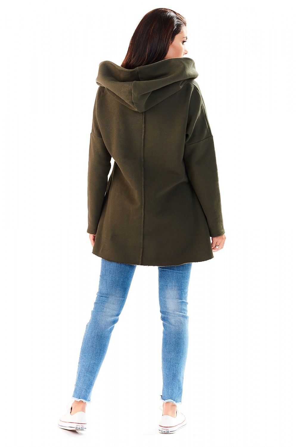 Back view of model wearing green hooded pullover with blue jeans, showcasing sporty and comfortable design.