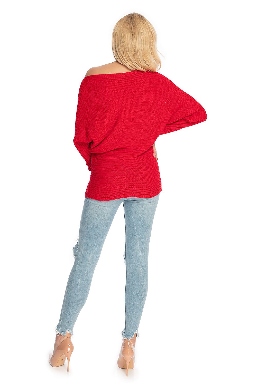 Woman in red loose kimono-style sweater with ribbed hem and sleeves, model 146916 by PeeKaBoo, made of 100% acrylic.