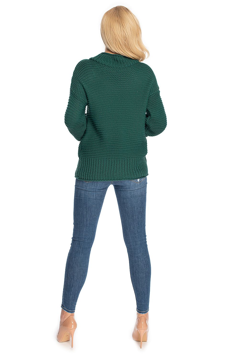 Fashionable green pullover with a stand-up collar and loose sleeves, model wearing denim jeans, showcasing stylish back view.