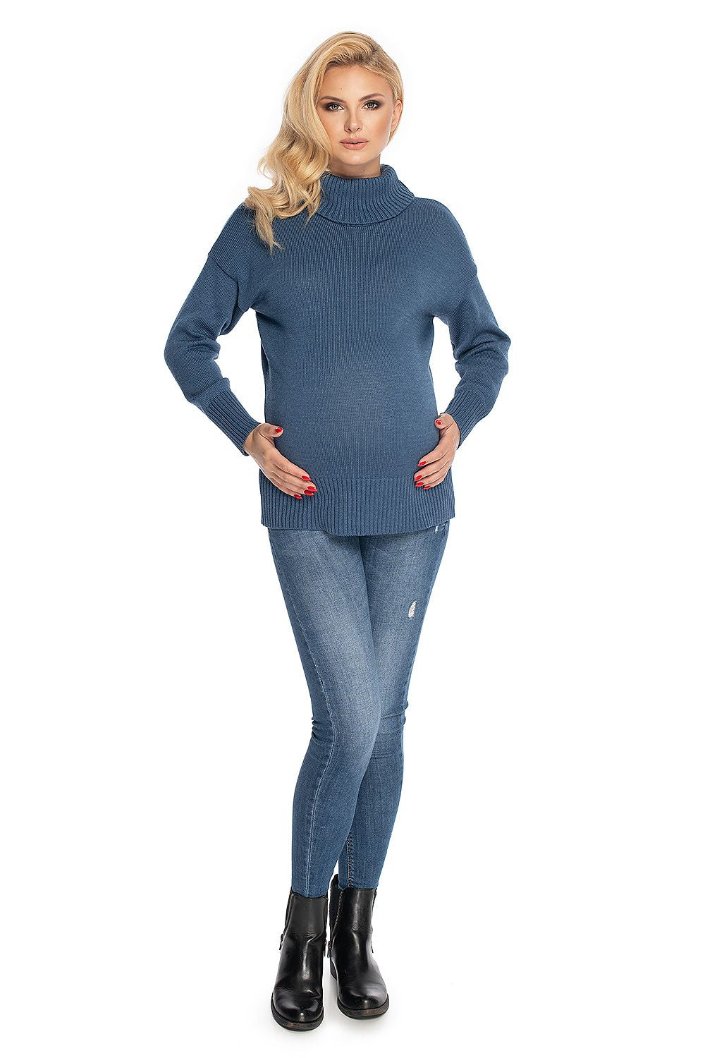 Stylish maternity turtleneck sweater, long sleeves, blue acrylic-cotton blend by PeeKaBoo, model 147491, perfect for comfort.