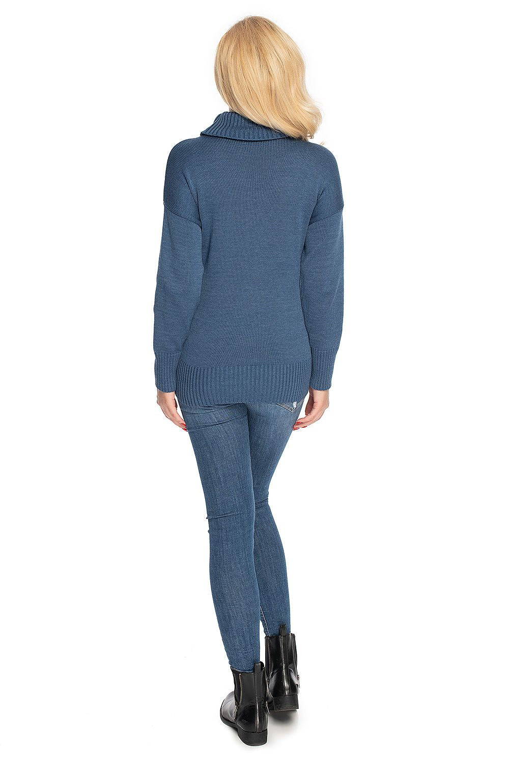 Back view of model wearing classic turtleneck maternity sweater, long sleeves, blue color, PeeKaBoo design, maternity fashion.