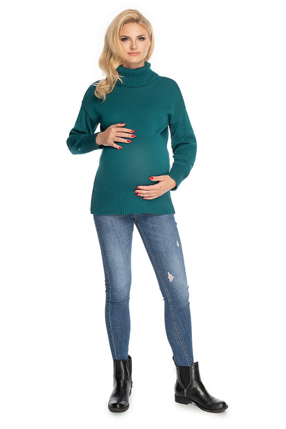 Embrace style with the anyasági pulóver model 147491 by PeeKaBoo. Classic teal turtleneck maternity sweater with long sleeves.