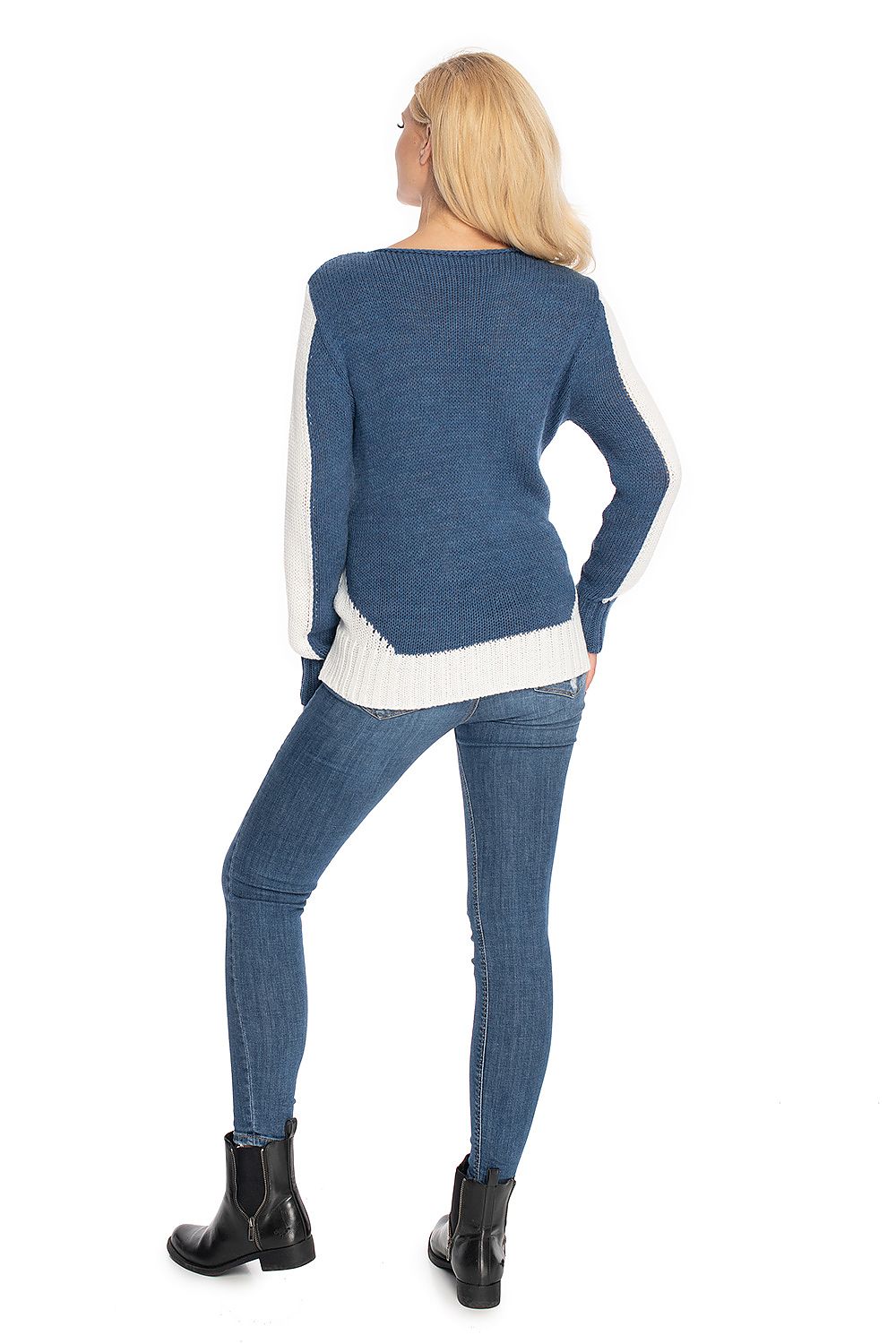 Back view of a woman wearing a blue maternity sweater model 147497 from PeeKaBoo, with long sleeves and side decorative panels.