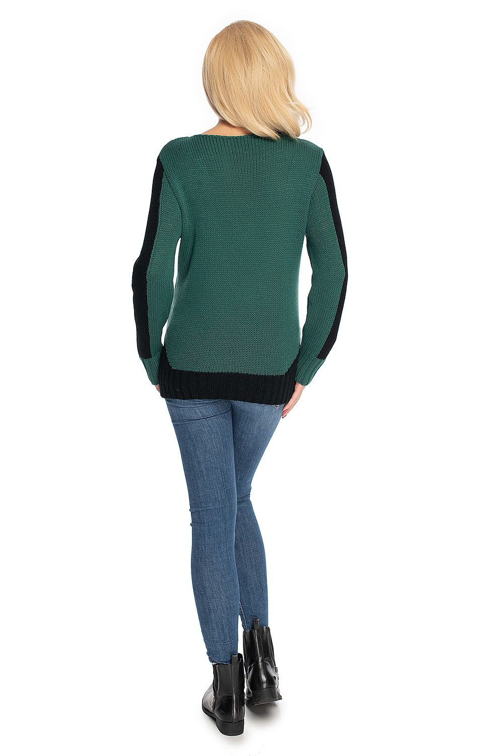 Back view of woman wearing green maternity pullover with boat neck, decorative side panels, and long sleeves.