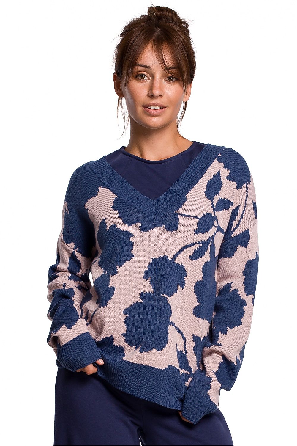 Elegant V-neck pullover with unique floral pattern and vibrant colors, model 148237 BE Knit.