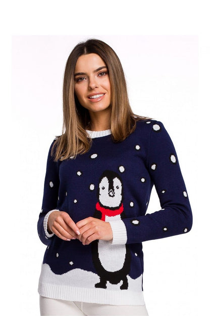 Festive navy Christmas sweater with a penguin design, perfect for winter cheer. Limited edition, 100% acrylic, cozy and stylish.