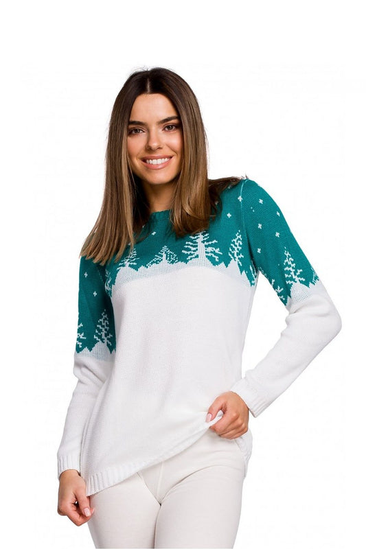 Festive Christmas sweater with tree design, limited edition; 100% acrylic, universal fit. Pulóver model 150209 Moe in green and white.