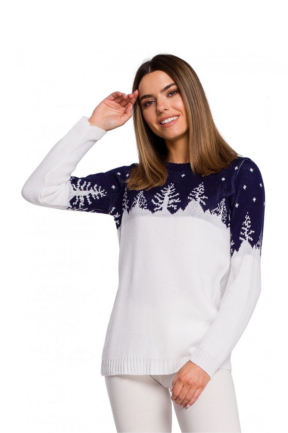 White and navy Christmas sweater with tree motif, Pulóver model 150209 Moe, 100% acrylic, limited edition for festive cheer.