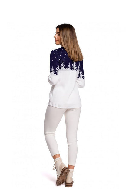 Woman wearing a stylish Christmas sweater model 150209 with tree motif, limited edition, 100% acrylic.