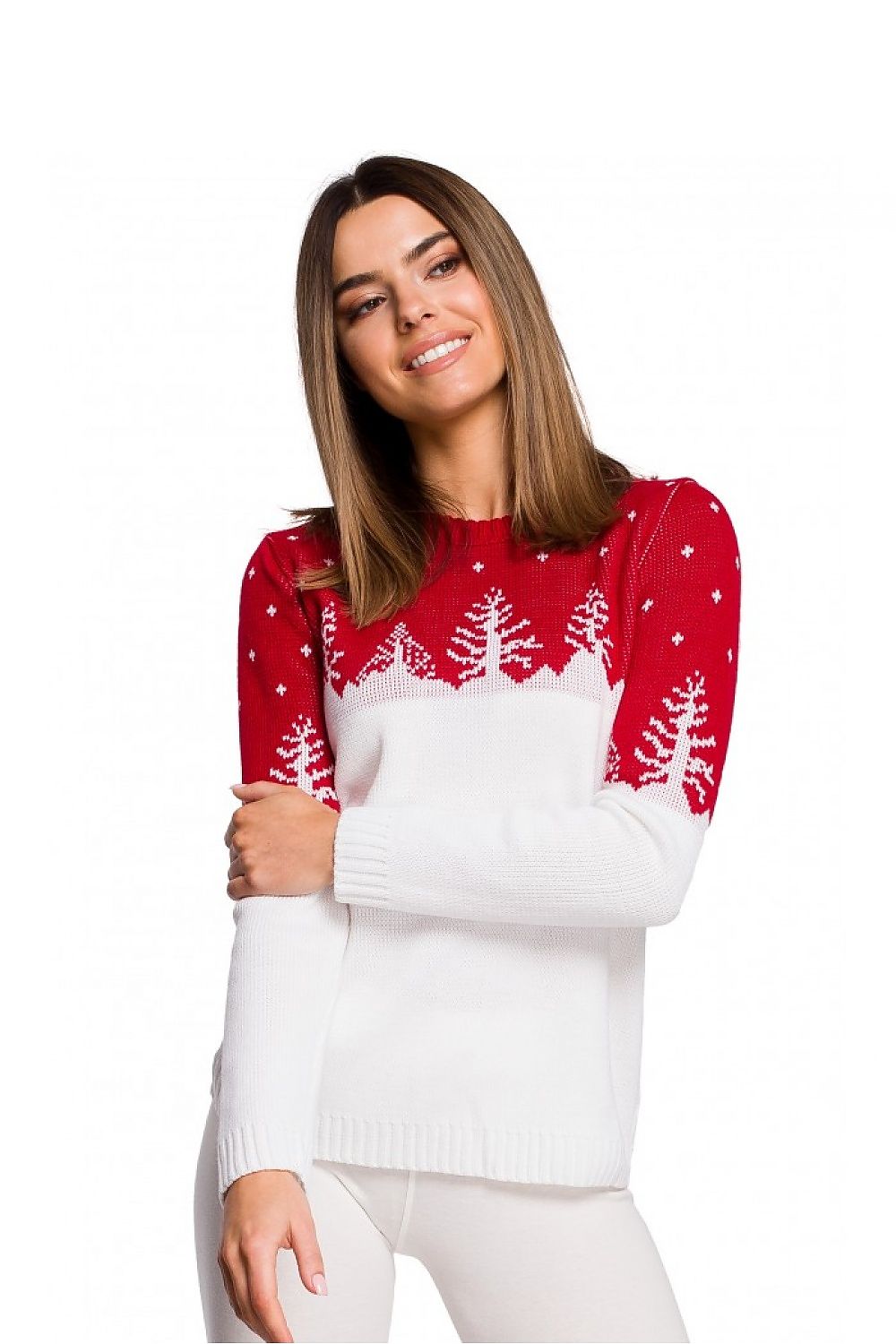 Festive Christmas sweater with red and white design featuring Christmas tree motifs. Limited edition 100% acrylic knitwear by Moe.