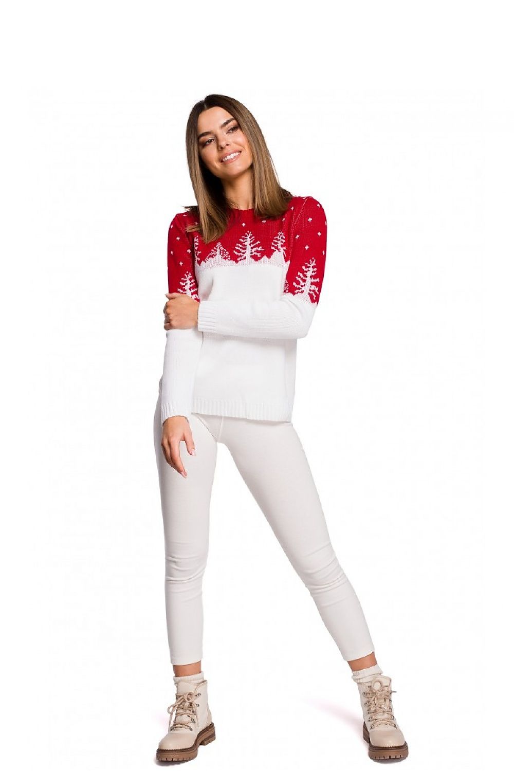 Woman wearing Moe Model 150209 Christmas sweater with tree motif, limited edition, 100% acrylic, long sleeves, perfect for festive cheer!