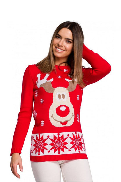 Festive red Christmas sweater with cute reindeer motif, made from 100% acrylic. Limited edition piece - perfect for holiday cheer.