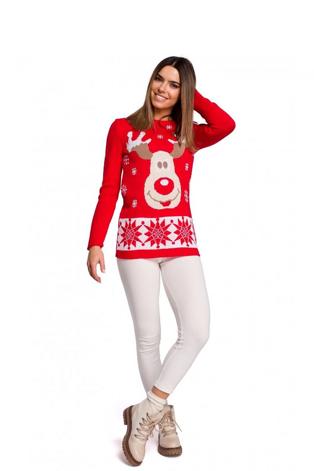 Festive red Christmas sweater with reindeer design, perfect for cozy holiday celebrations.