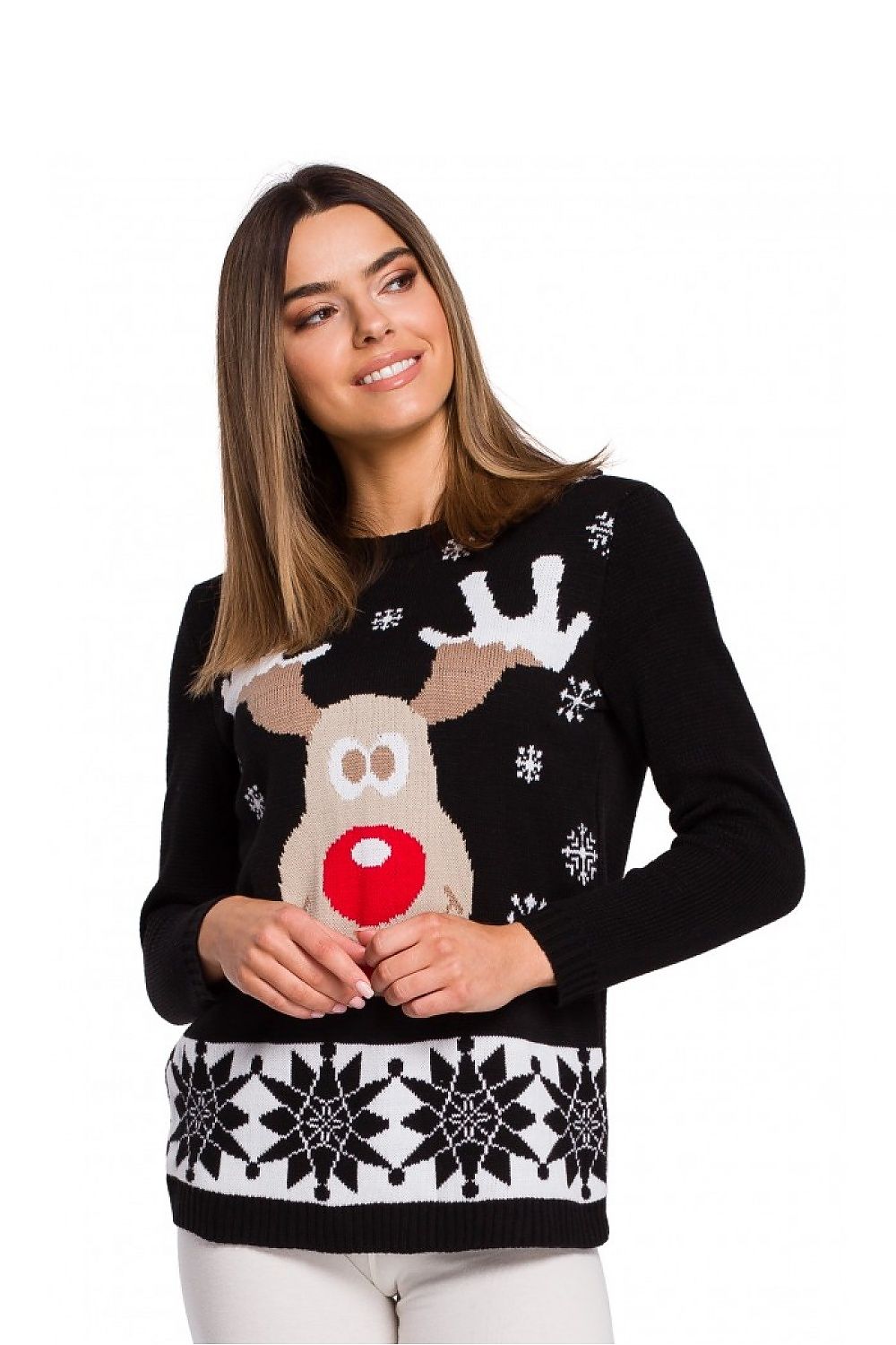 Festive women's Christmas sweater with reindeer motif, made of 100% acrylic. Limited edition. Universal size 92 cm bust.