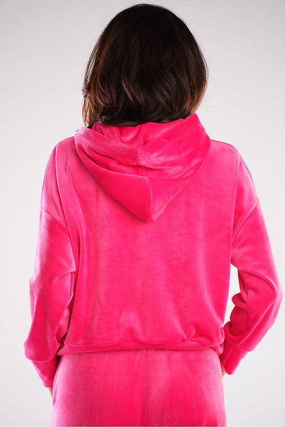 Szabadidőfelső model 155464 awama pink velour hoodie, back view. Classic, relaxed fit perfect with jeans and sneakers. Made in Poland.