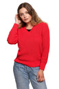 Woman wearing red oversized pullover with V-neck, perfect for autumn. Fashion essential for women's wardrobe, model 157589 BE Knit.