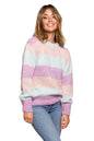 Model wearing colorful striped pulóver model 157606 BE Knit for cozy autumn and winter fashion.