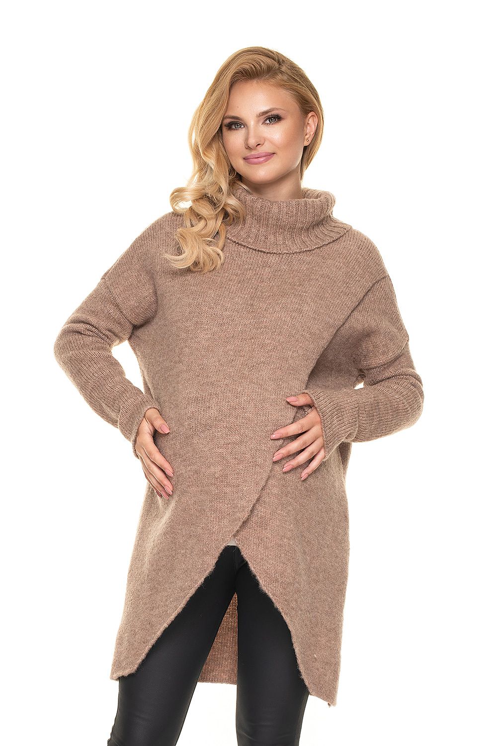 Comfortable taupe maternity sweater with asymmetrical cut and cozy turtleneck, designed for pregnancy and nursing, model 157712.