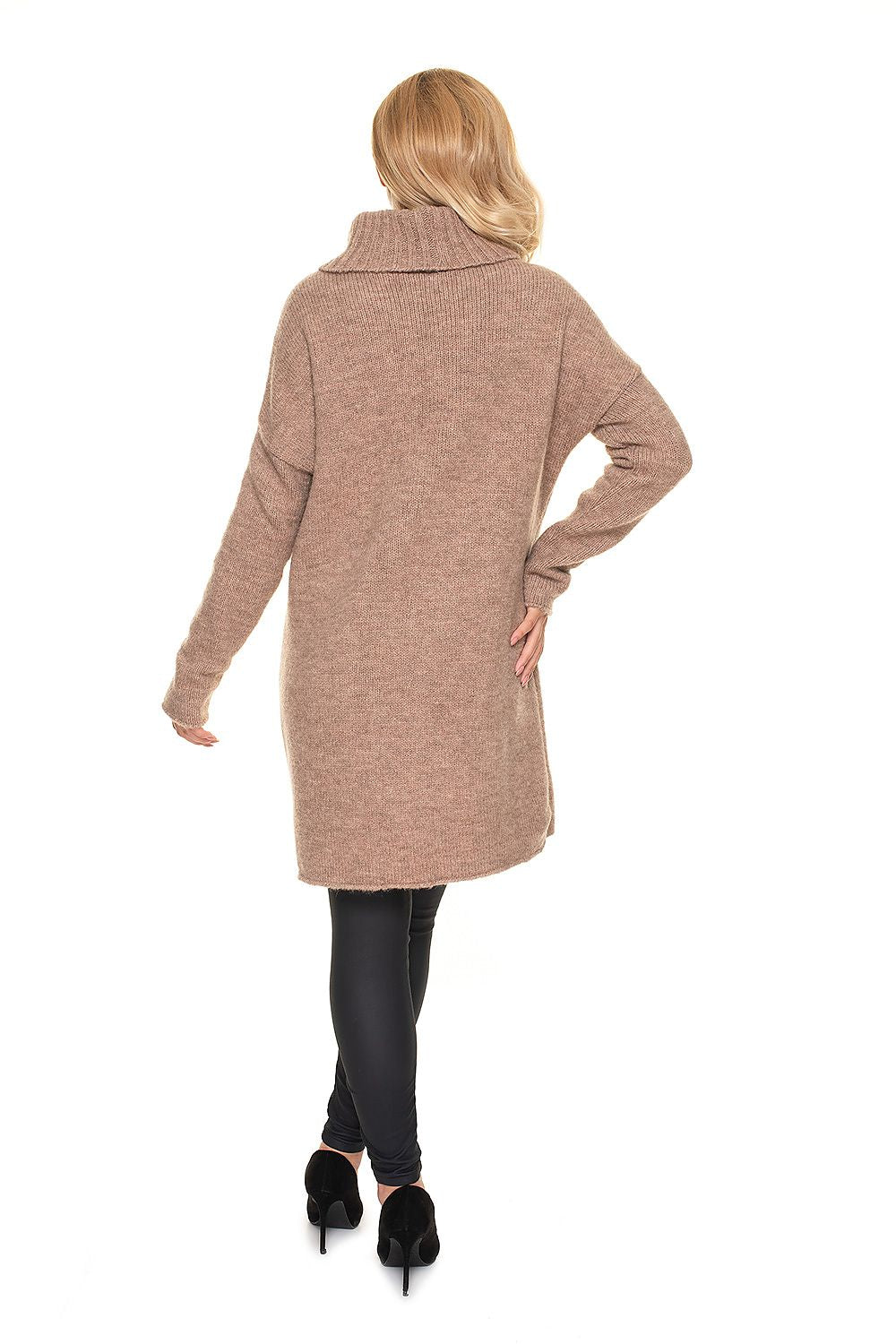 Woman in cozy brown maternity sweater with loose turtleneck, asymmetrical cut, perfect for pregnancy and nursing, back view