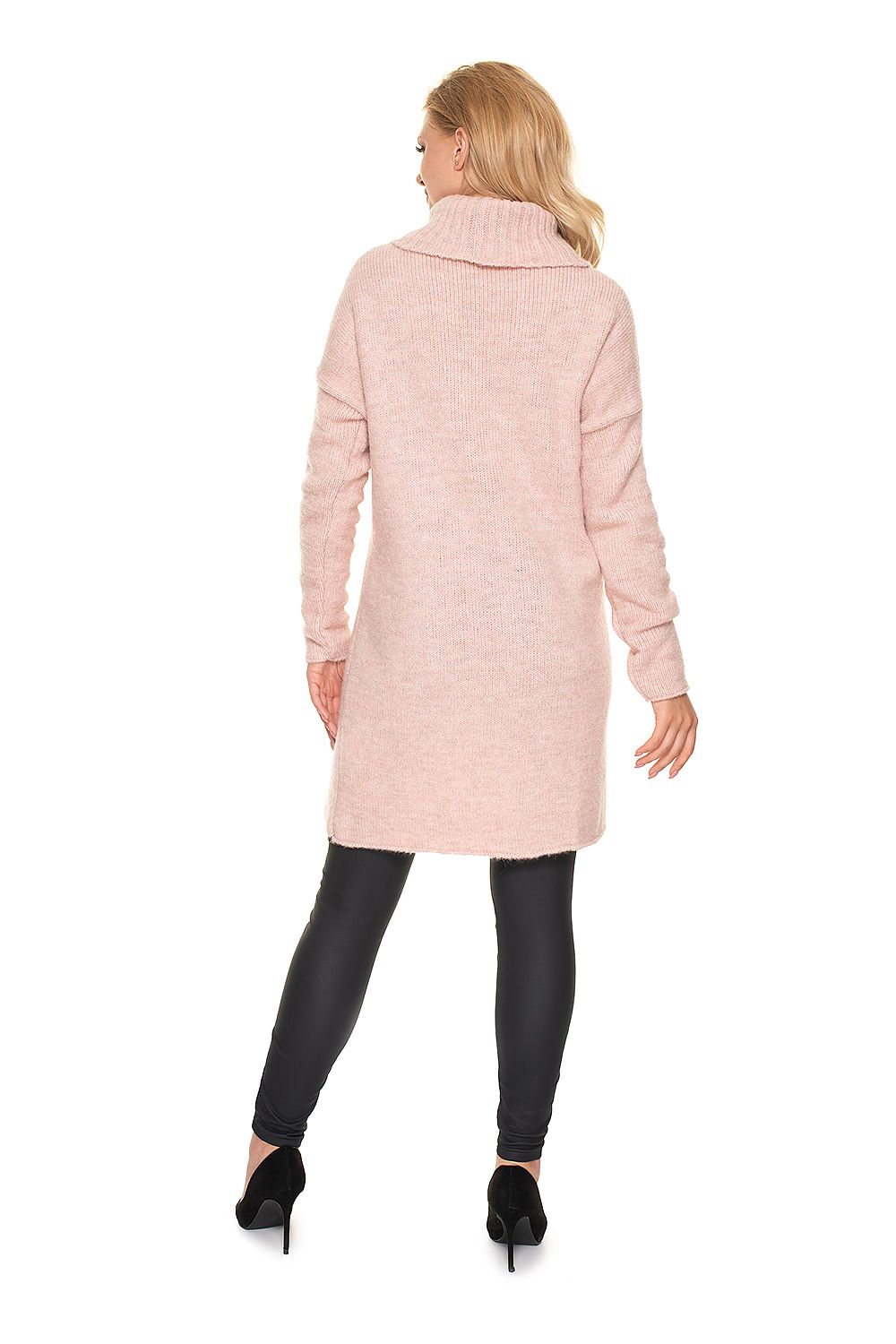 Model wearing pink asymmetrical woolen maternity pullover with loose turtleneck, suitable for pregnancy and nursing.