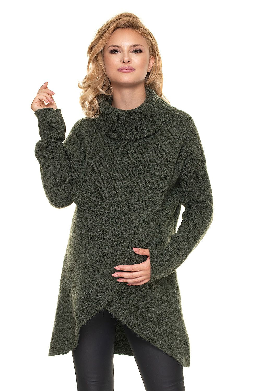 Green asymmetrical maternity sweater with loose turtleneck, soft and fluffy texture, suitable for pregnancy and nursing.