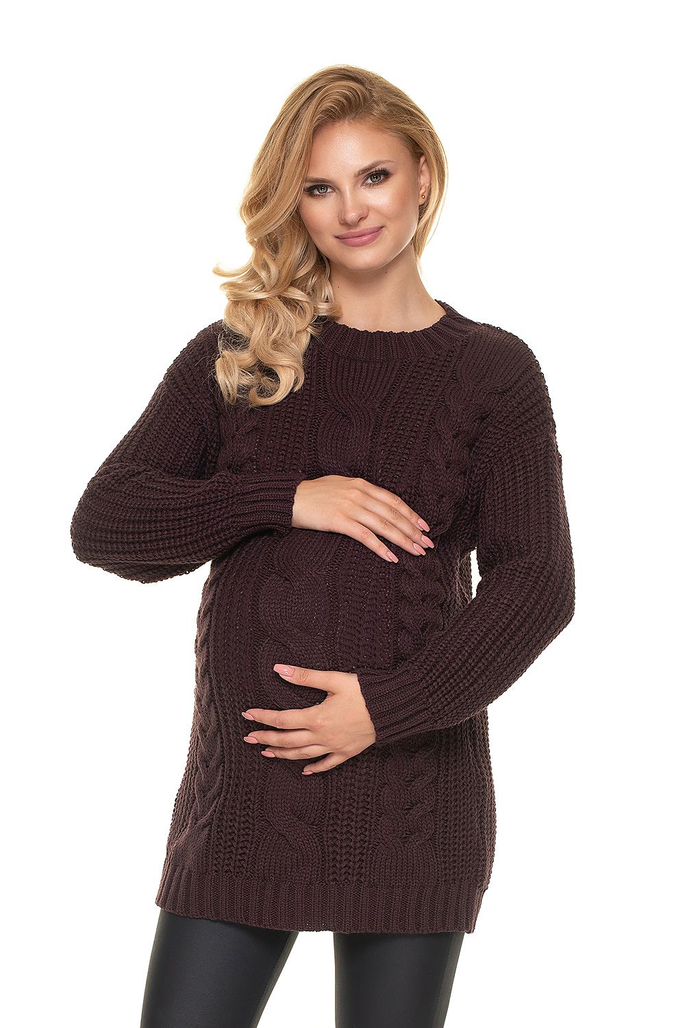 Anya's brown maternity sweater model 157830 by PeeKaBoo, featuring a cable knit design and soft acrylic fabric, universal fit.