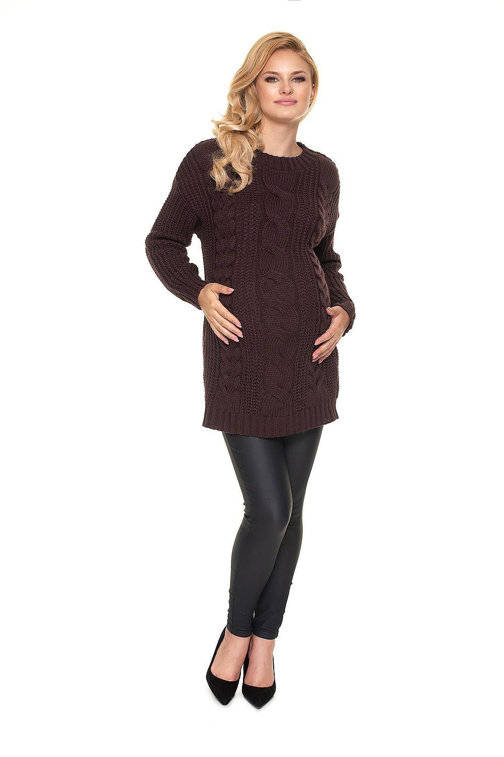 Maternity sweater model 157830 PeeKaBoo with braided motif, long design, soft stitching, and turtleneck in acrylic.