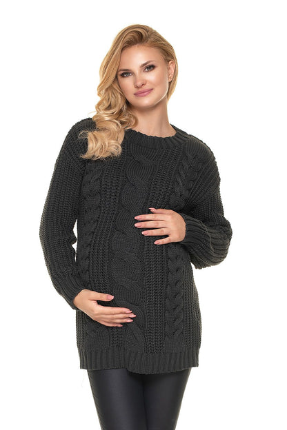 Maternity sweater model 157830 by PeeKaBoo, long knit with cable design, soft acrylic fabric. Ideal for comfortable style.