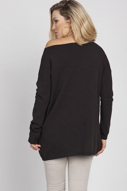 Model wearing thin, lightweight black knit pullover with wide neckline, showcasing a chic minimalist design, viewed from the back.