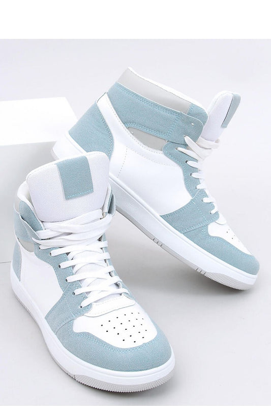 Trendy women's high-top sneakers in blue and white, featuring eco-friendly leather and suede; perfect for everyday wear.